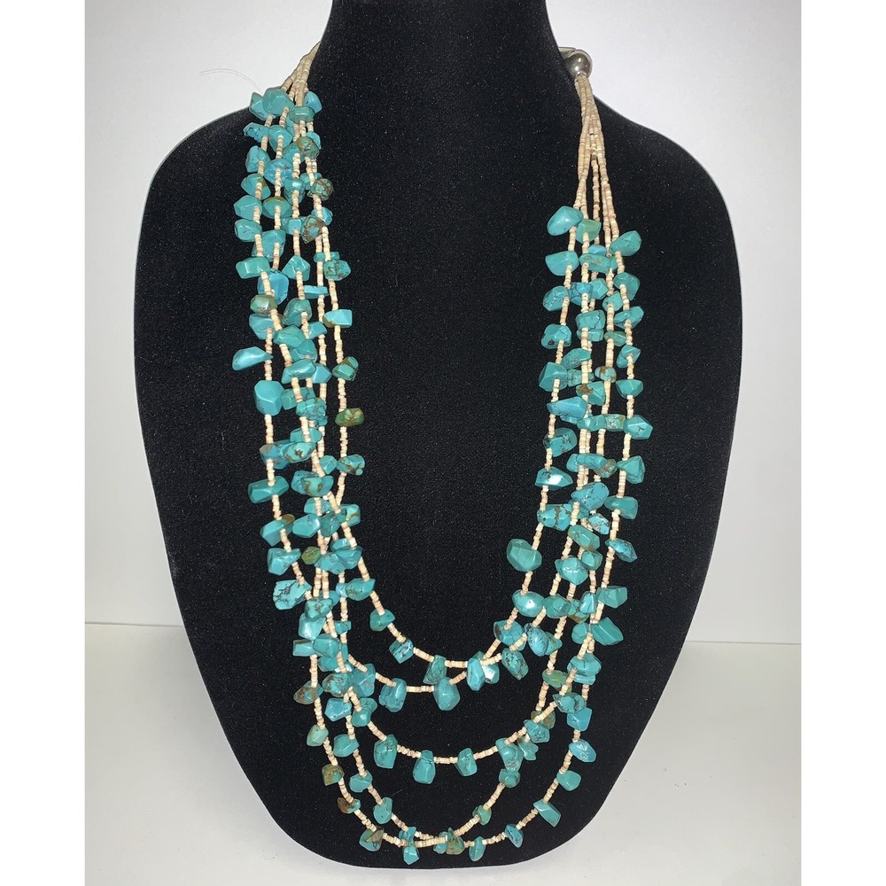 Old Pawn 925 Heishi Nuggets Turquoise Five Strands Necklace 29" L